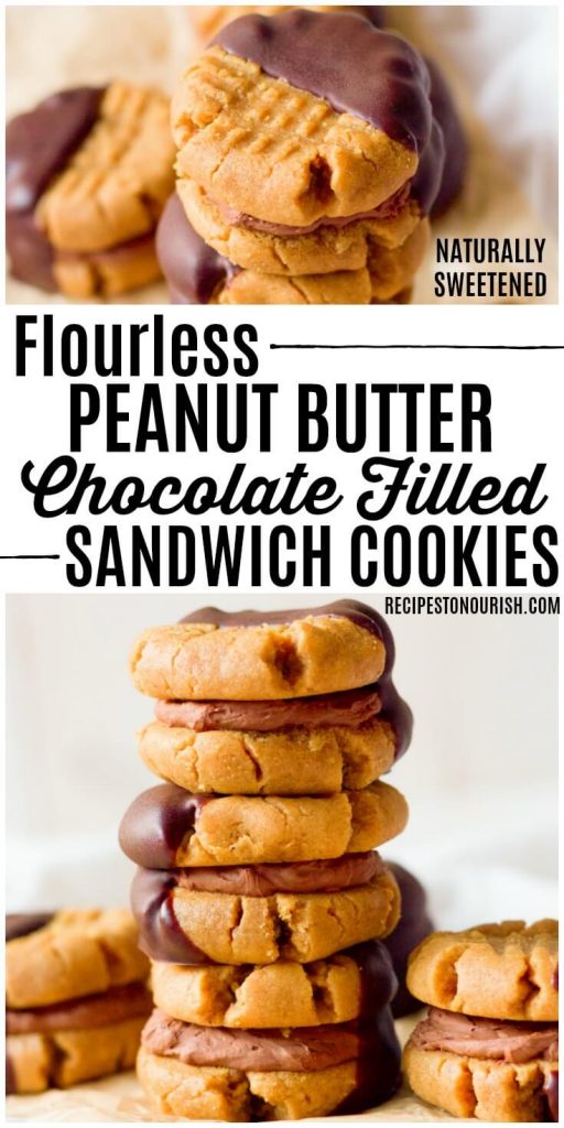 Peanut butter sandwich cookies filled with chocolate cream and half dipped in chocolate.