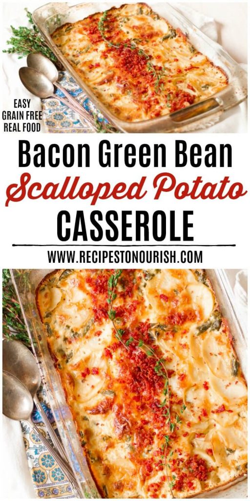 Scalloped potato casserole with bacon and thyme on top.