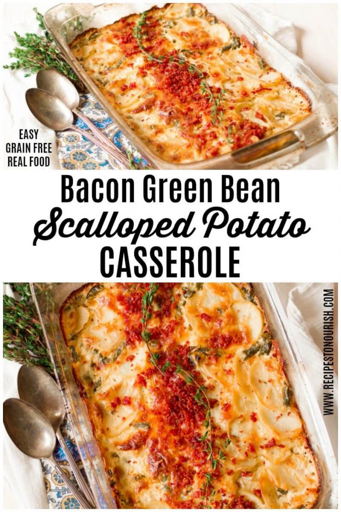 Scalloped potato casserole with bacon and thyme on top.