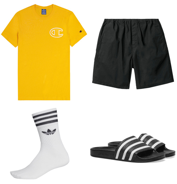 White socks with sliders outfits for men