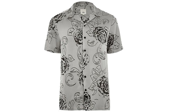 Grey floral print revere shirt