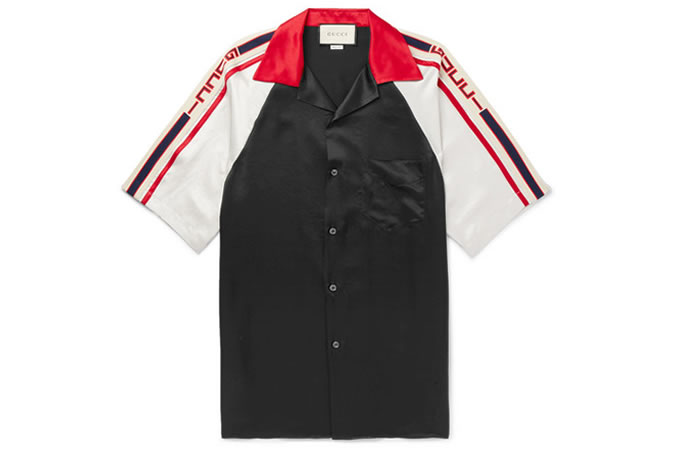 GUCCI Camp-Collar Webbing-Trimmed Satin Shirt