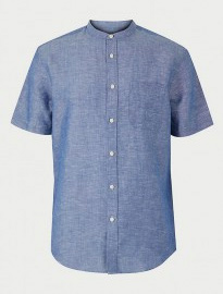 M&s Collection Linen Rich Grandad Shirt With Pocket