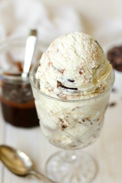 Ice cream with chocolate sauce and brownies in a glass. 