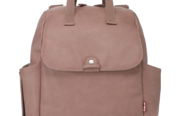 a dusty rose-colored faux leather backpack