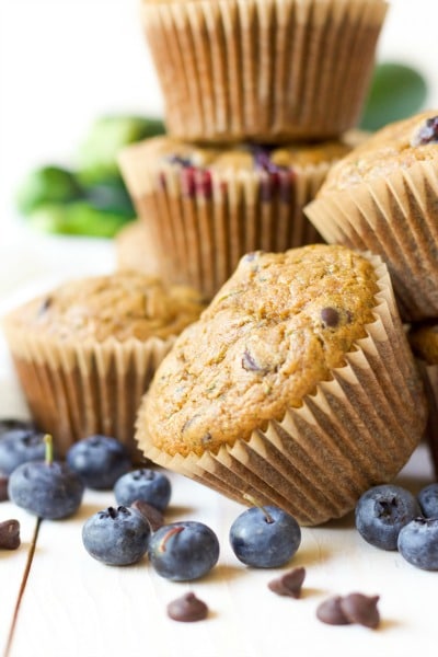 Muffins with fresh blueberries, chocolate chips and zucchini. 