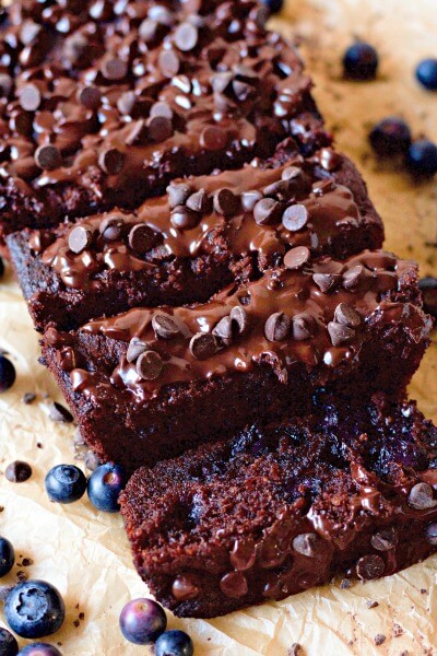 Chocolate banana bread with blueberries and chocolate chips.