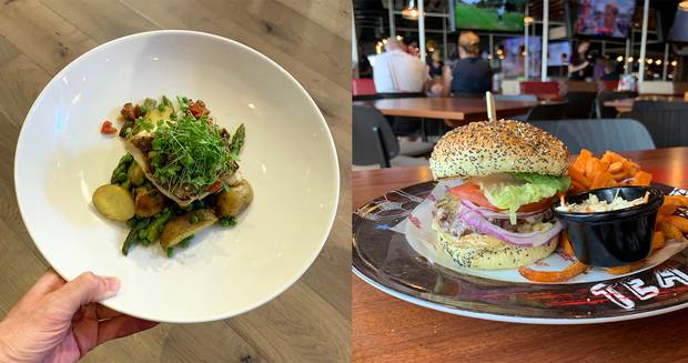 Two dishes from Center Parcs: hake at Cara's, and a burger at the Sports Bar. Photos: Pól Ó Conghaile