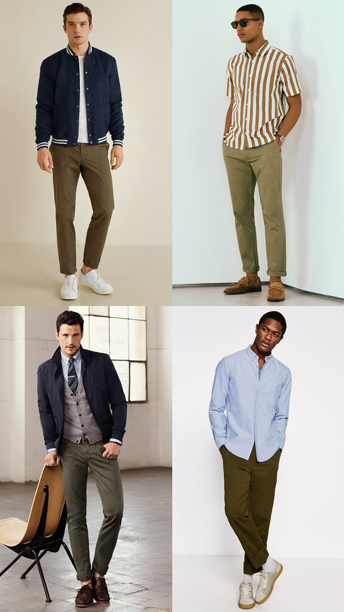 Men's Olive Green Chinos Outfit Inspiration Lookbook