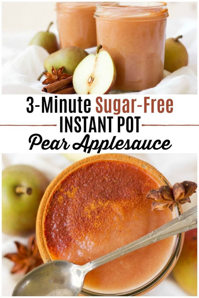 Jars of homemade applesauce surrounded by pears and a jar of applesauce with cinnamon dusted on the top.