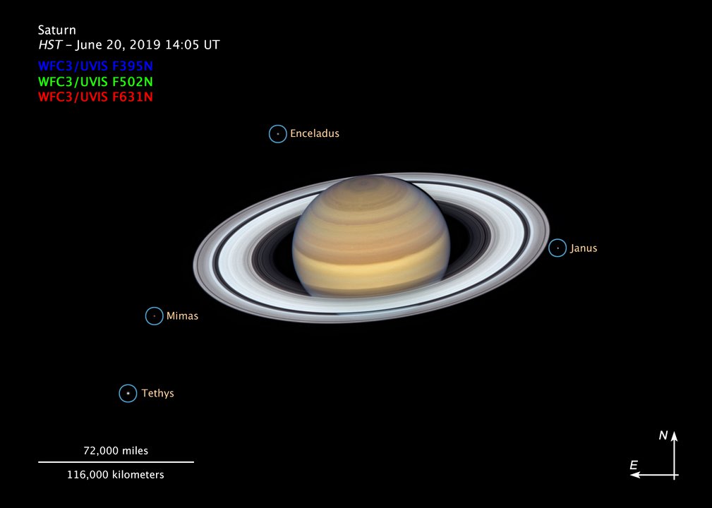 The latest image showing four of Saturn's moons. (NASA/ESA/A. Simon/Goddard Space Flight Center/M.H. Wong/OPAL Team)