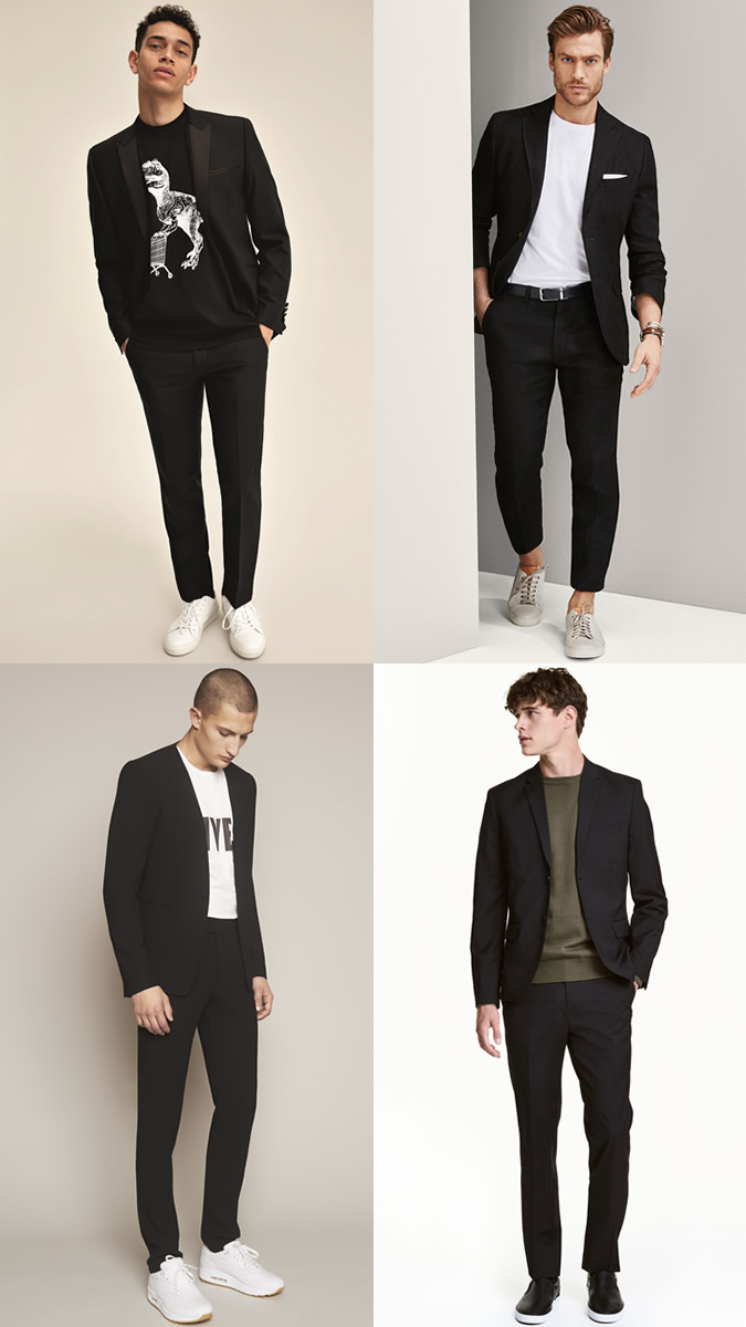 How To Wear T-Shirts And Trainers with a black suit