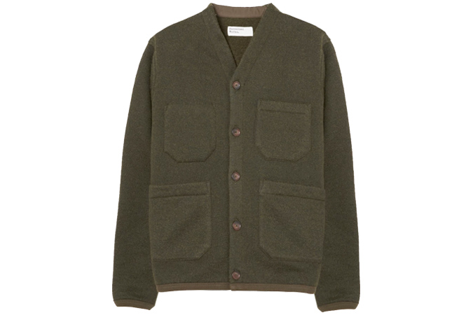 Universal Works Cardigan In Olive Wool Fleece