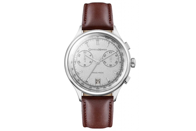 STAINLESS STEEL, BROWN LEATHER STRAP CHRONOGRAPH