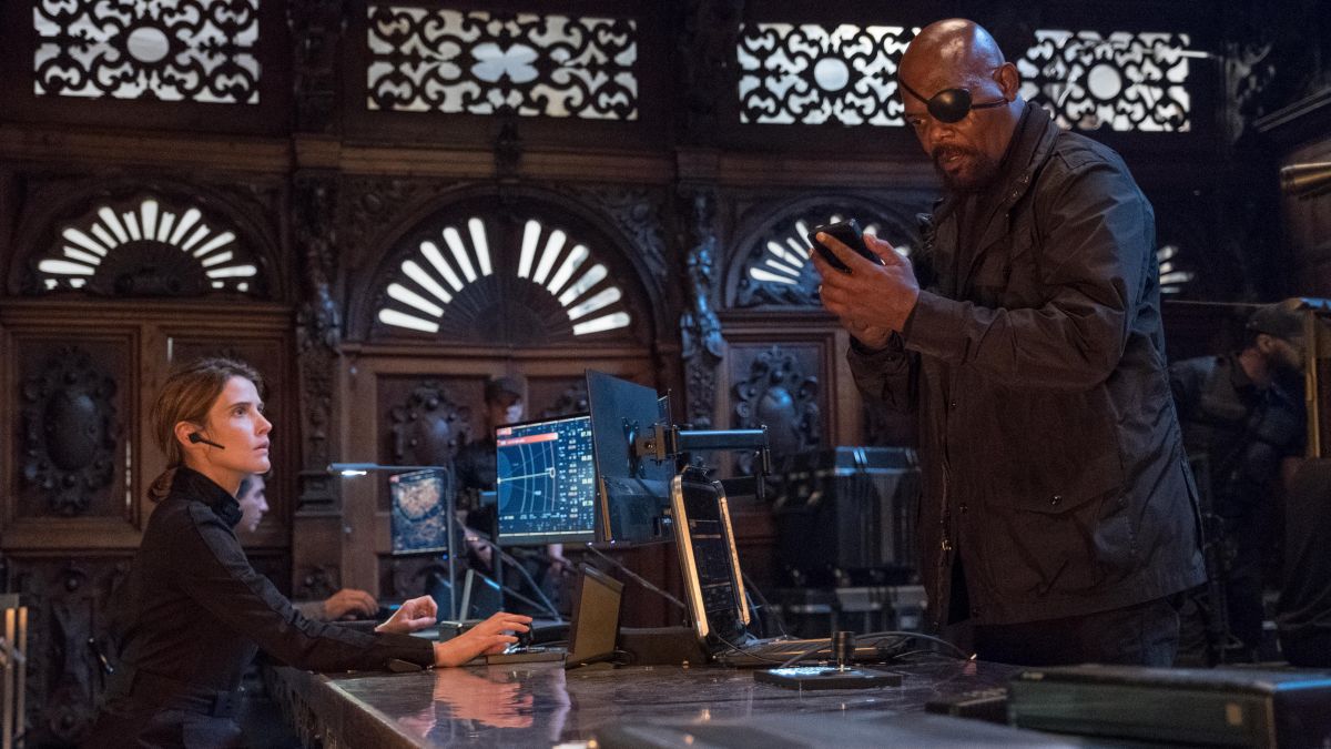 Samuel L. Jackson and Cobie Smulders in Columbia Pictures' SPIDER-MAN: ™ FAR FROM HOME.