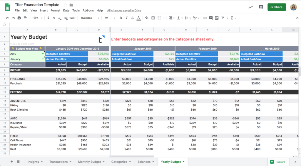 Yearly Budget tab