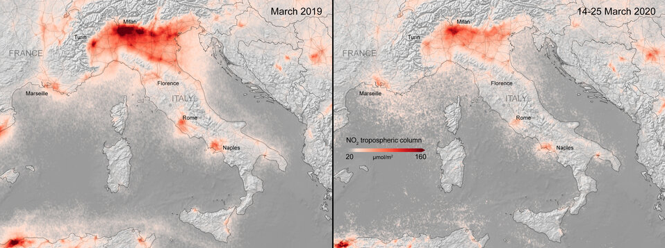 NO2 emissions are down in Italy, too. (ESA)