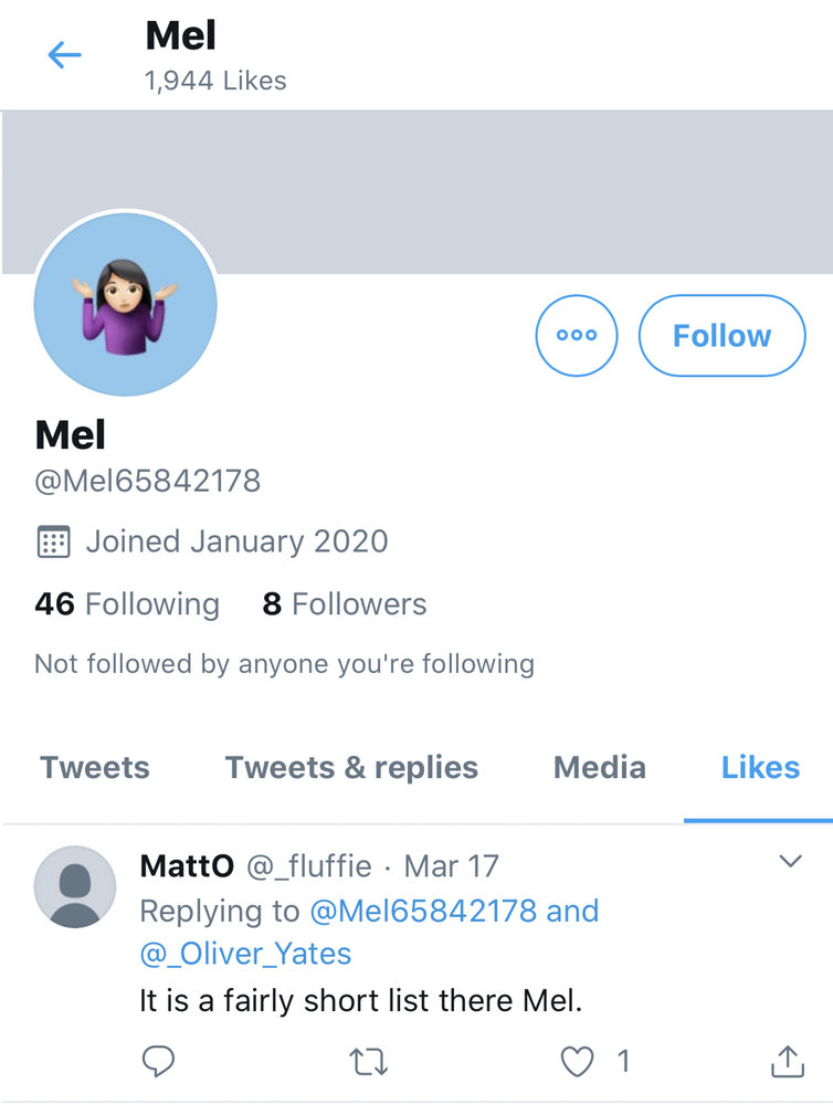 A response from another user to Mel's account. 