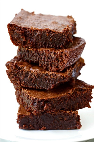 Stack of fudgy brownies. 