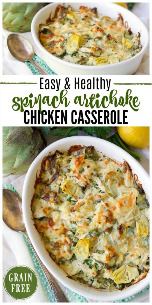 (ad) This Healthy Spinach Artichoke Chicken Casserole is total comfort food. It’s easy to make, packed with protein, brimming with spinach and artichoke hearts and full of flavor.