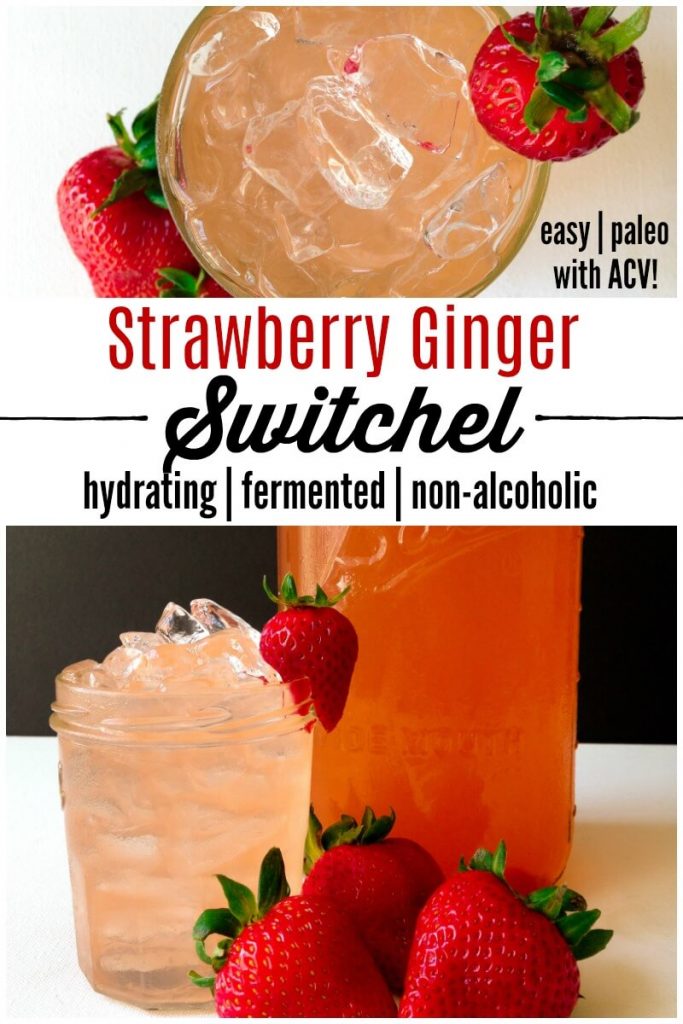 Glass with iced strawberry switchel, fresh strawberries and a mason jar full of the drink.