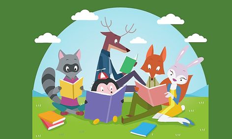 Various cartoon animals reading books