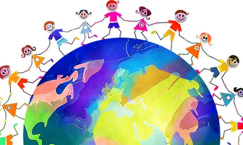 Cartoon of children holding hands around the world